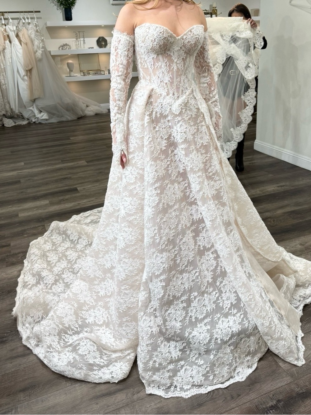 Galia Lahav Off-Shoulder Lace Ball Gown Dress in Ivory